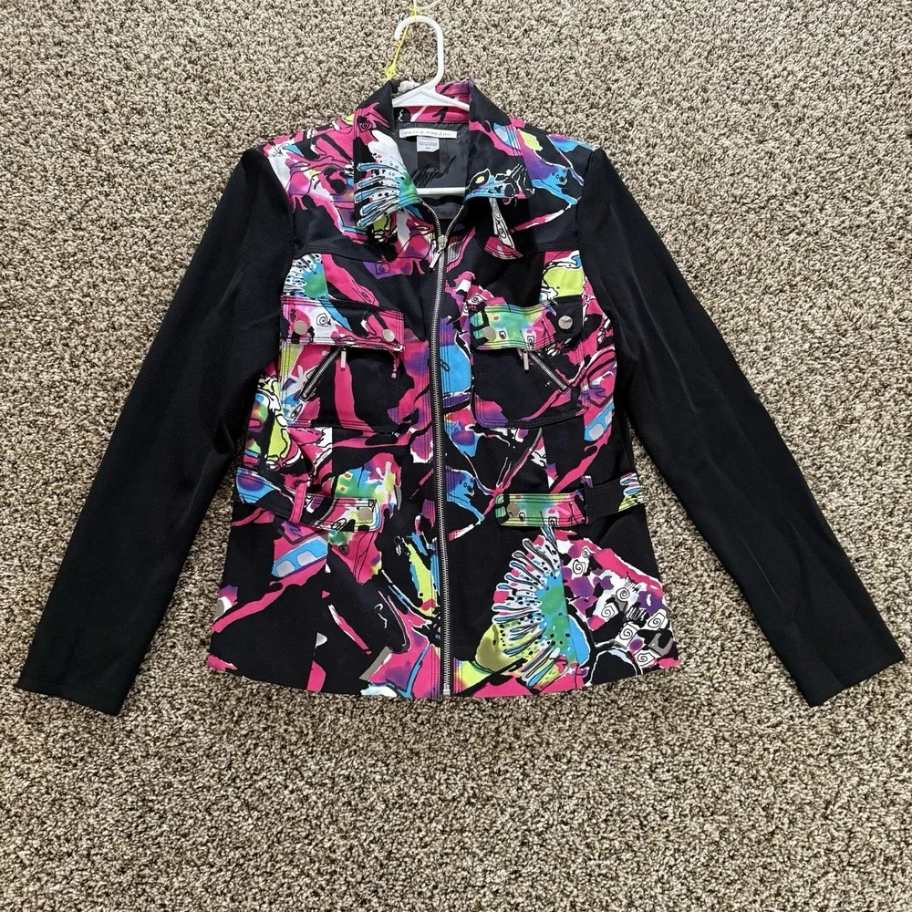 Peter Nygard Womens M Multicolor Abstract Zip Jacket Stretch Knit Sleeves Pocket
